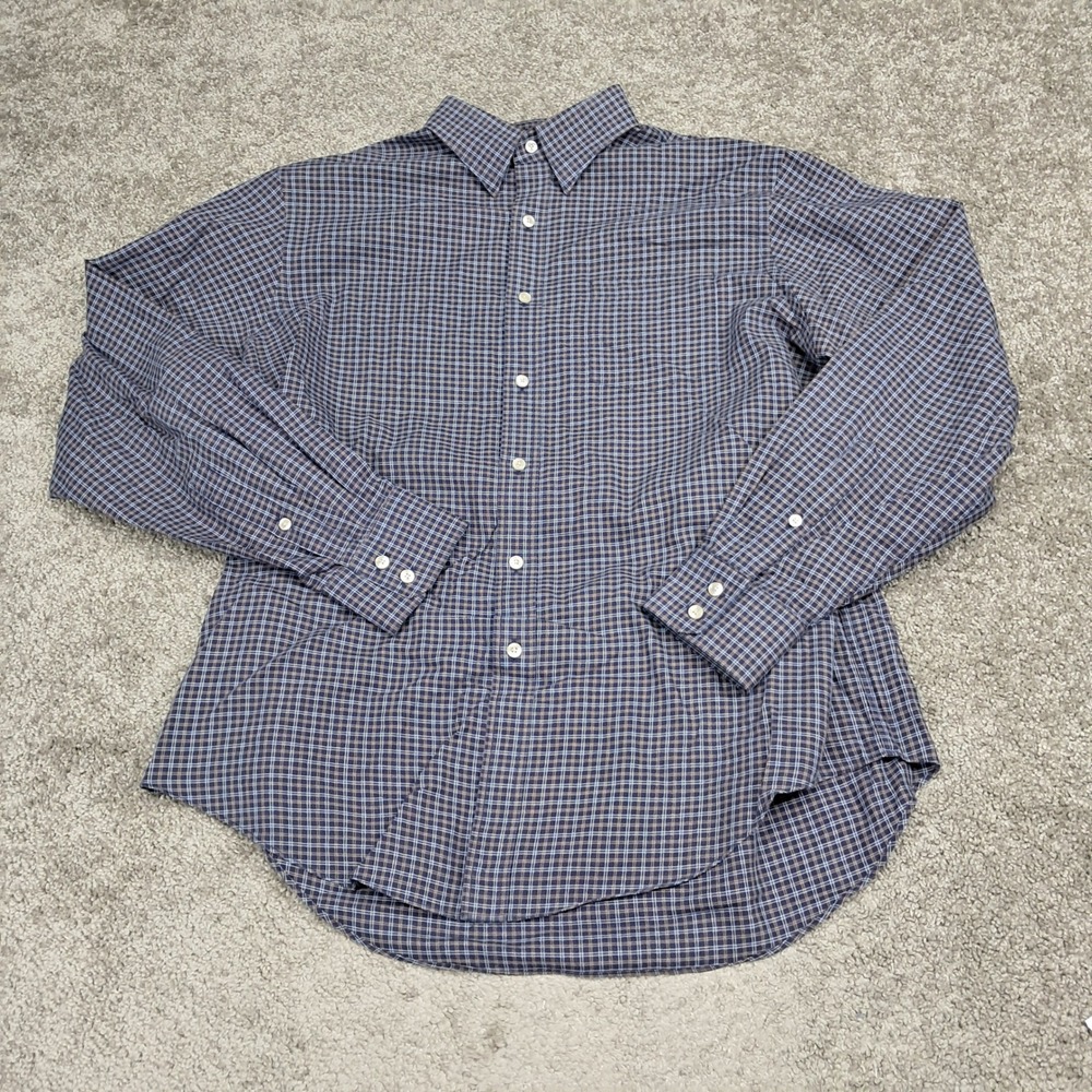 Black Brown 1826 Mens XL Plaid Button Down Shirt 80s 2-Ply Cotton Navy Blue